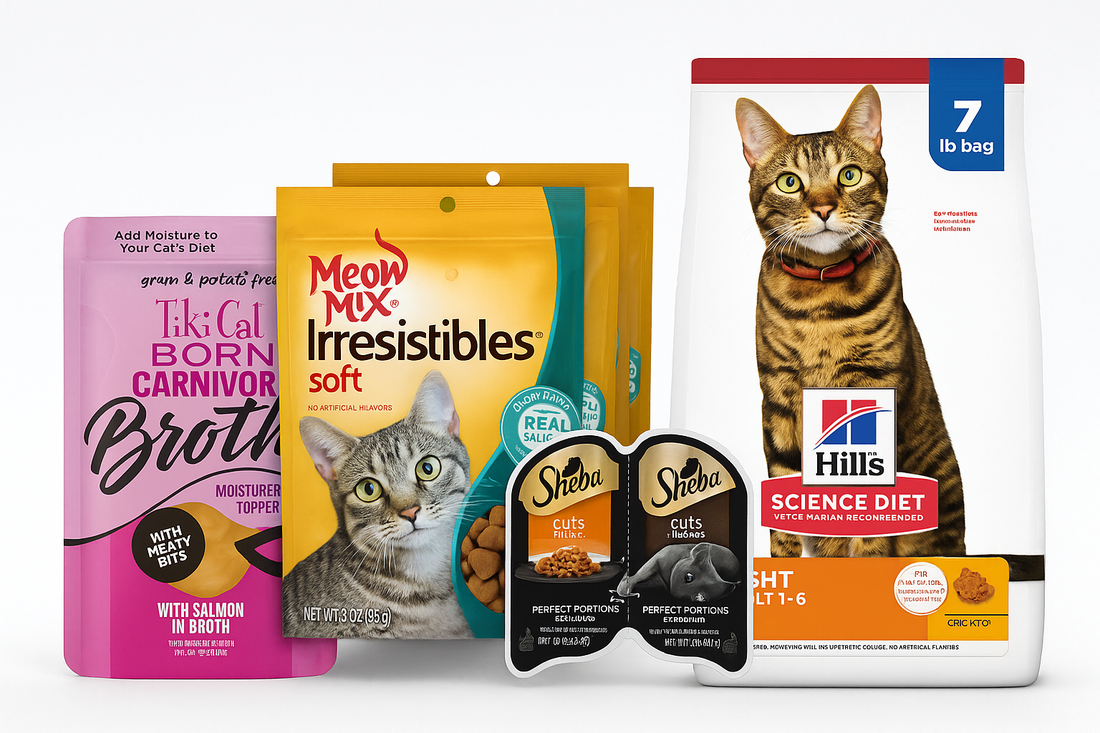 Orange tabby cat with various bags of dry cat food and treat packs