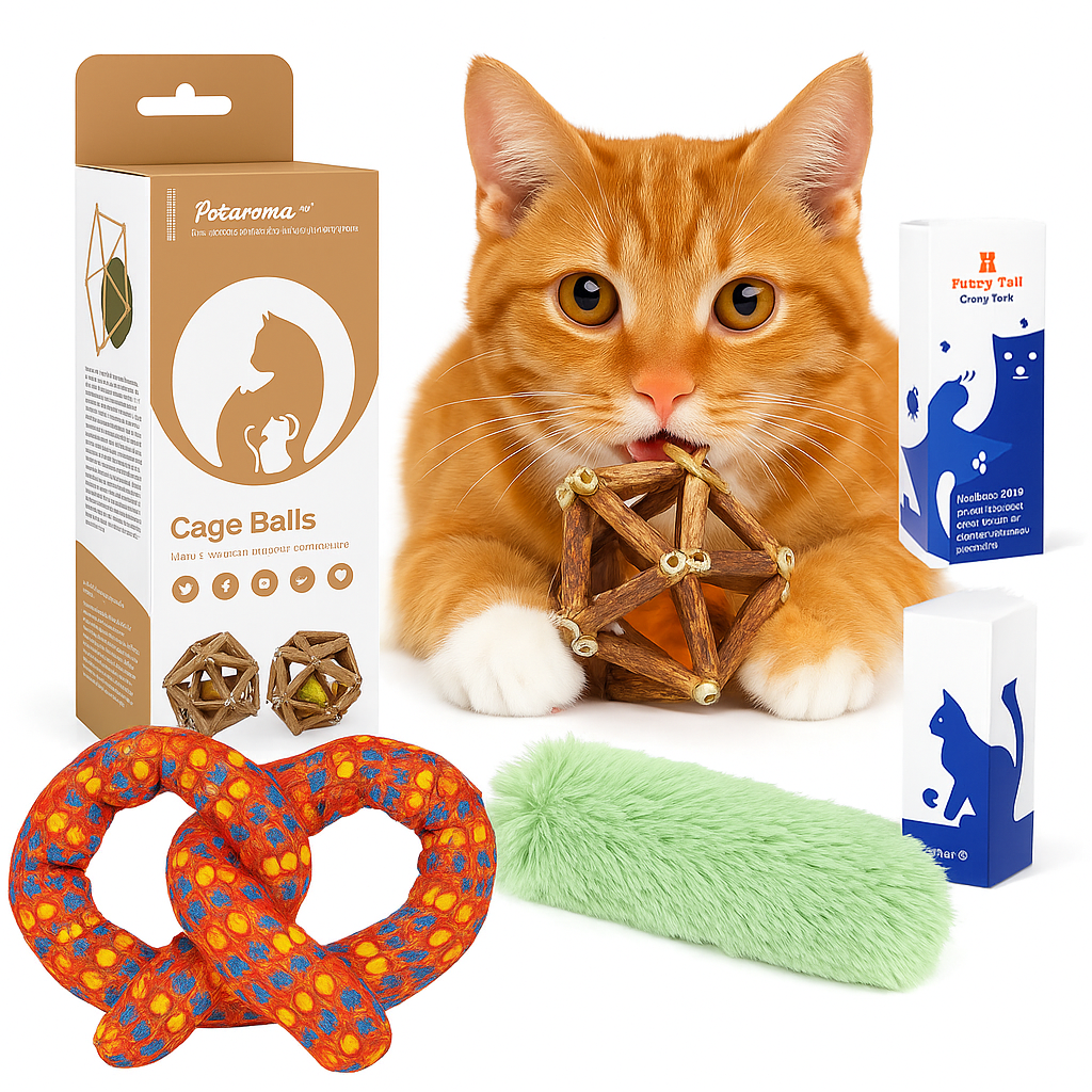 Orange cat with natural cat treats, chew toys, and grooming products