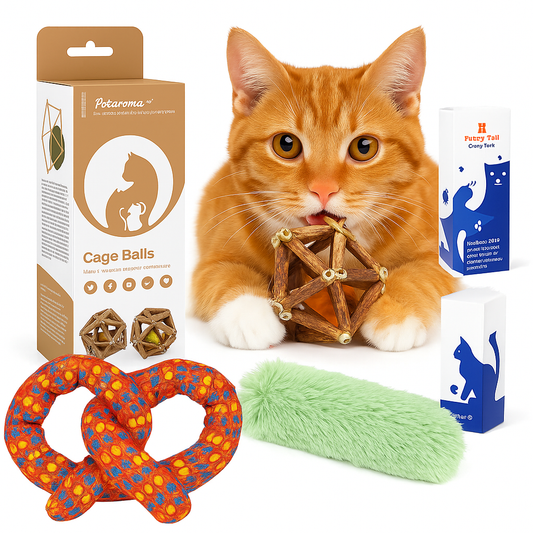 Orange cat with natural cat treats, chew toys, and grooming products