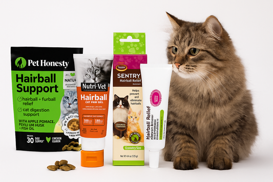 Brown cat sitting next to assorted natural cat treats and food products
