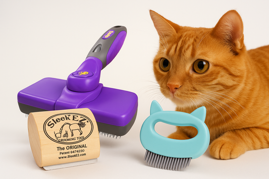 Orange cat sitting next to a purple pet grooming brush, a wooden brush, and a blue cat-shaped grooming tool on a light surface.