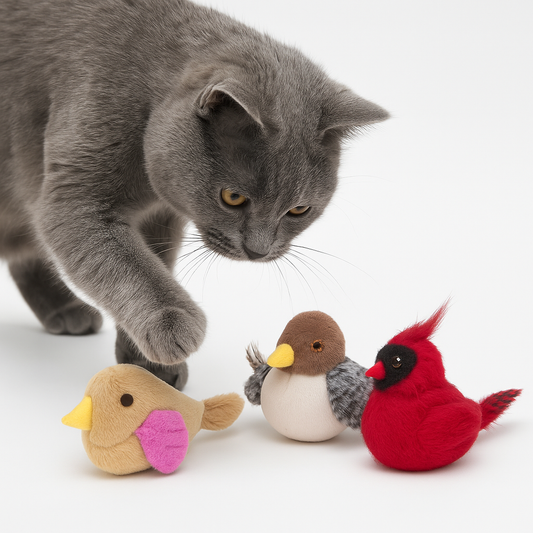 Gray cat playing with three colorful plush bird toys on a white background