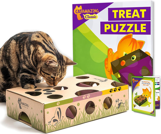 Cat playing with a wooden treat puzzle toy and a colorful treat puzzle box nearby