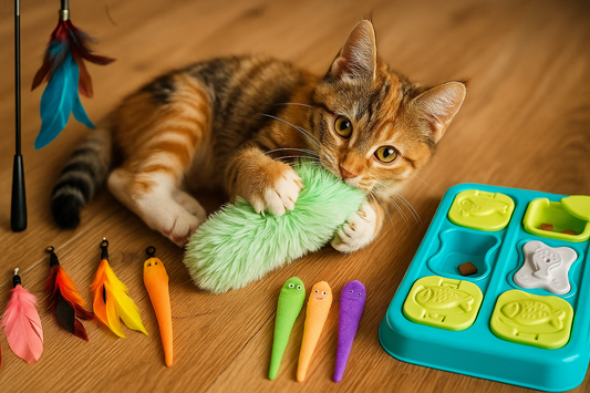 A calico kitten lies on a wooden floor hugging a mint green fuzzy toy, surrounded by colorful feather attachments, plush catnip toys, and a puzzle feeder filled with treats.