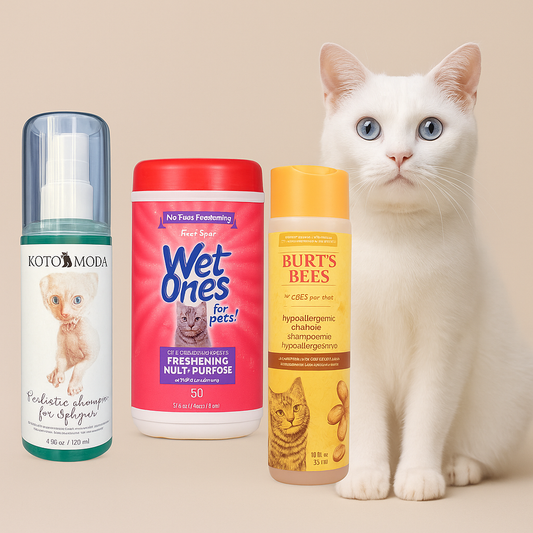 White cat sitting beside three pet grooming or care products: a spray bottle, a red container, and a yellow box, all on a neutral background
