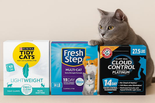 Gray cat sitting next to assorted cat food and treat boxes on a beige background.