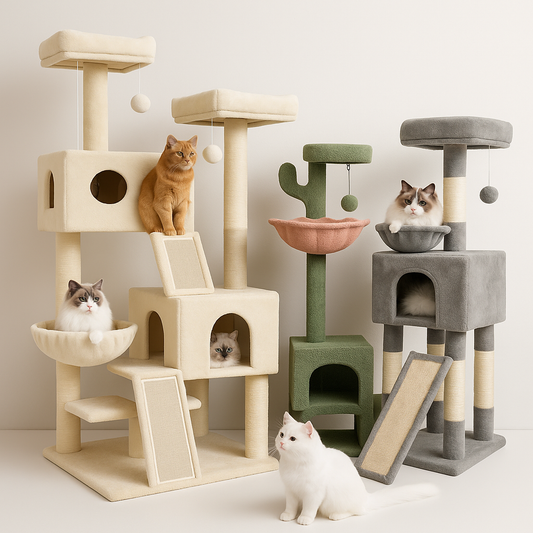 Various multi-level beige and gray cat trees with scratching posts, perches, and cozy hideaways, with cats climbing and resting on them