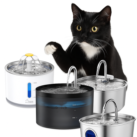 Black cat with different styles of stainless steel pet water fountains.