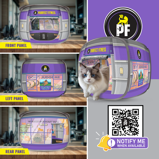 Collage of purple-themed pop-up cat houses on shelves with a cat inside and QR code.