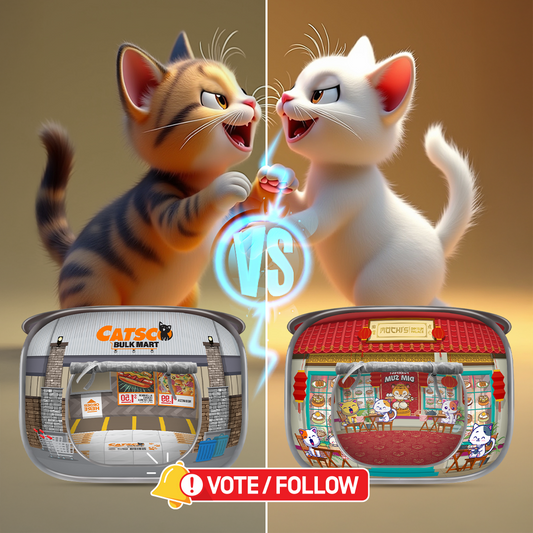 Illustration of two cartoon cats sharing noodles with pop-up cat houses below them