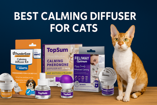 A Cornish Rex cat sits beside three calming diffuser products—ThunderEase, TopSum, and Feliway Optimum—on a wooden surface, with a dark blue background and the title "Best Calming Diffuser for Cats" above
