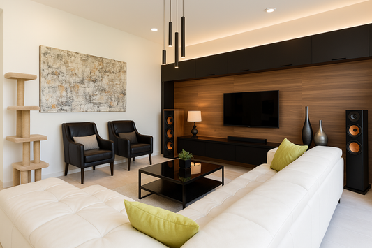 Modern living room with white sectional sofa, black leather chairs, wood-accent wall, and a beige cat tower near abstract artwork.