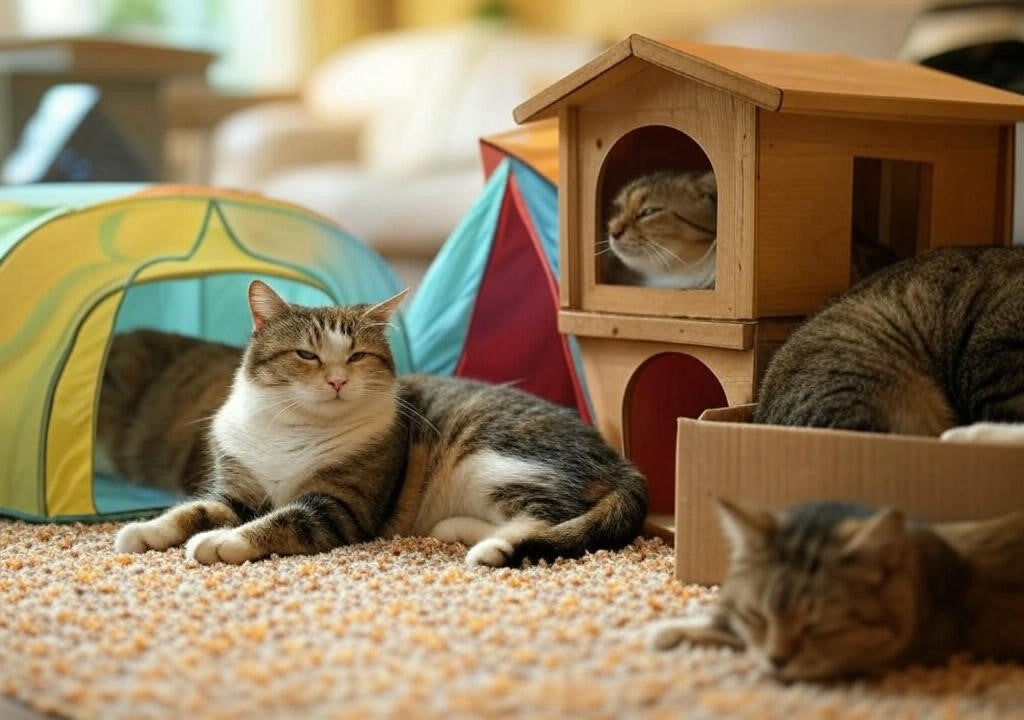 Four cats relaxing in different types of cat houses—a pop-up tent, a wooden house, and a cardboard box—showcasing cozy hideouts for feline comfort.
