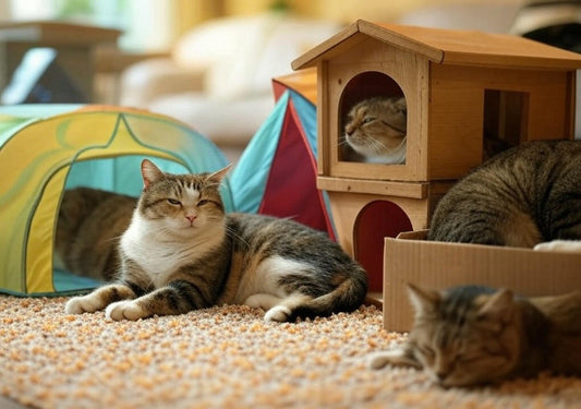 Four cats relaxing in different types of cat houses—a pop-up tent, a wooden house, and a cardboard box—showcasing cozy hideouts for feline comfort.