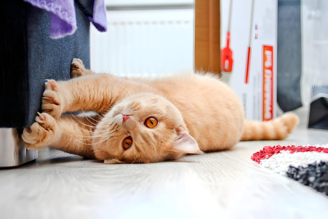 A fluffy orange cat with amber eyes is lying on its side on a light wood floor, playfully scratching the side of a dark-colored sofa with its front claws.