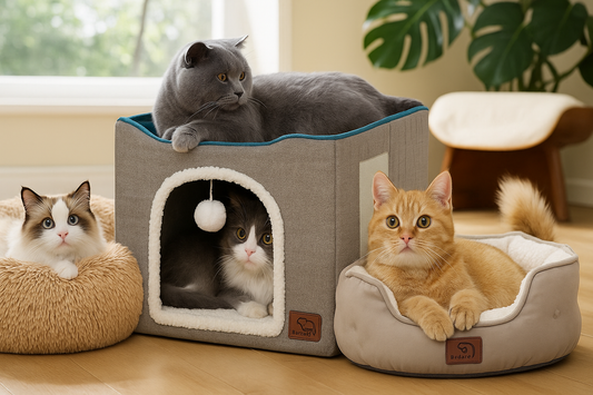 Three cats lounging in cozy beds inside a sunlit room, including a gray cat on a cube bed, a Ragdoll in a plush donut bed, and an orange tabby in a soft beige bed.