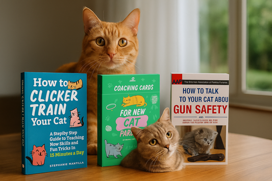 Two cats—a standing orange tabby and a reclining beige British Shorthair—are positioned beside three cat-themed books on a wooden table with soft daylight from a window behind them.