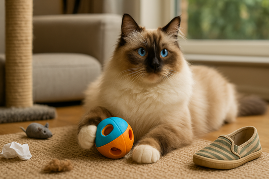 A fluffy Ragdoll cat with blue eyes lounges indoors on a beige carpet, playing with a colorful puzzle ball, surrounded by toys and soft natural light from a window.