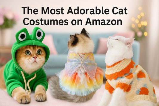 Three cats dressed in cute costumes—a frog hoodie, butterfly dress, and heart sweater—pose in a cozy pastel room under the title The Most Adorable Cat Costumes on Amazon.