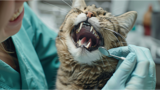 Close-up of a tabby cat with its mouth wide open during a dental exam, while a gloved veterinarian uses a dental mirror to inspect its teeth.