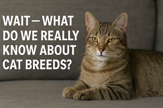 Photo of a tabby cat resting on a gray couch with the headline 'WAIT — WHAT DO WE REALLY KNOW ABOUT CAT BREEDS?' clearly displayed on the left, avoiding overlap with the cat's face