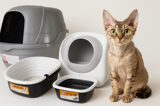 A Devon Rex cat with large ears and golden eyes sits next to three types of litter boxes—covered, sifting, and automatic—arranged on a clean white background