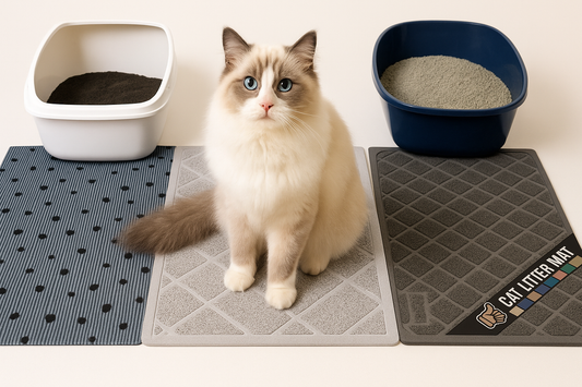 Three types of cat litter mats with different textures and patterns are shown with a fluffy Ragdoll cat sitting in the center between two litter boxes