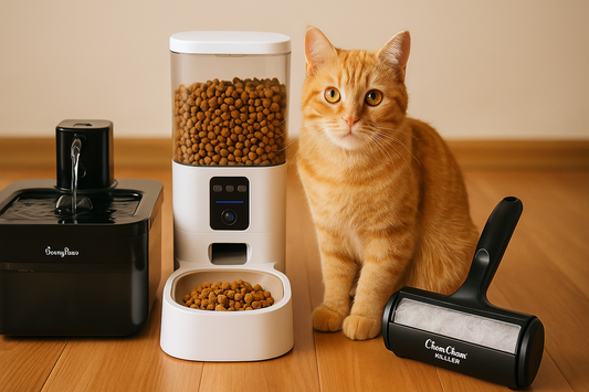 An orange tabby cat sits between a water fountain, an automatic feeder, and a pet hair remover roller on a wooden floor