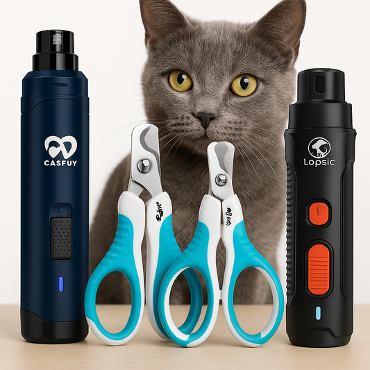 Gray cat sitting behind pet grooming tools, including blue-handled nail clippers and two black electric nail grinders on a wooden surface.