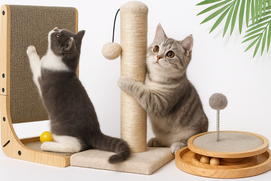 Two playful kittens using different types of cat scratchers, including a vertical post, cardboard panel, and round wooden toy, with green palm leaves in the background