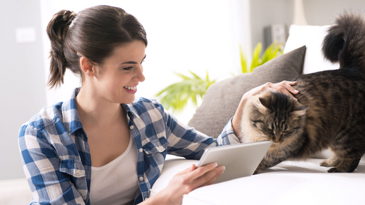 Woman smiling while petting a fluffy tabby cat and holding a tablet on a couch.