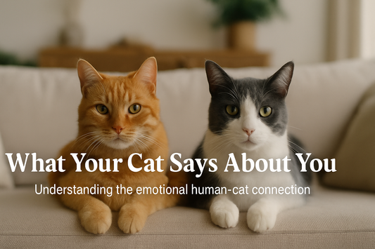 Two cats, an orange tabby and a gray-and-white feline, sit side by side on a beige couch with the blog title "What Your Cat Says About You" above them.