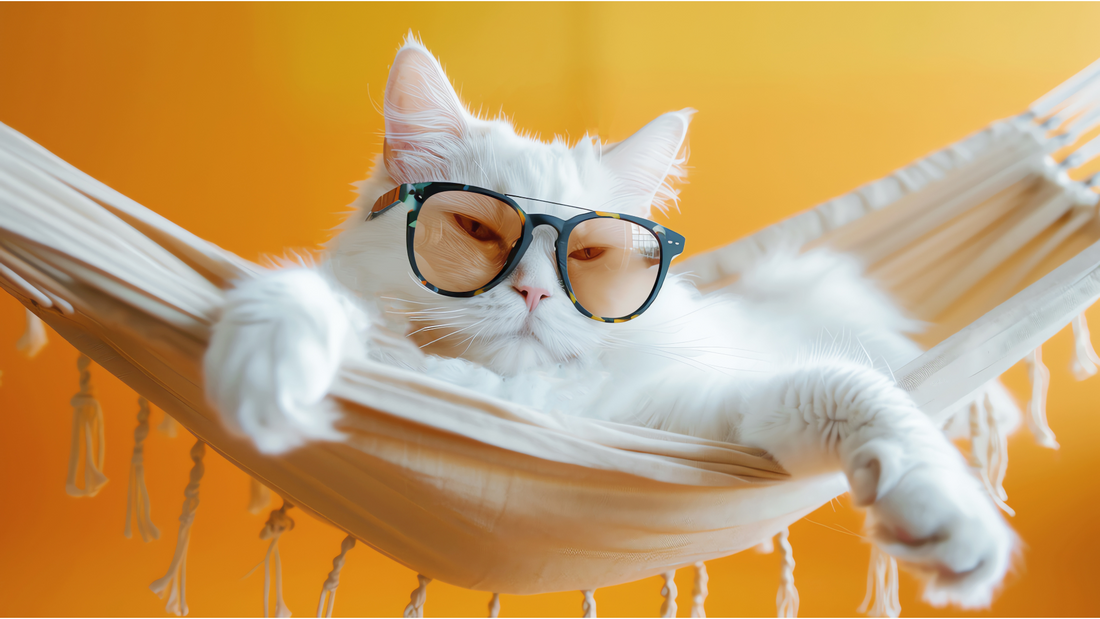 A fluffy white cat wearing sunglasses while lounging in a hammock against a bright orange background.