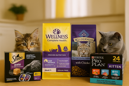 Cats sitting behind various cat food and treat products on a table.