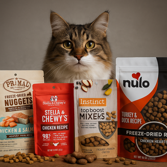 Tabby cat with assorted red and white cat food packages on a table.