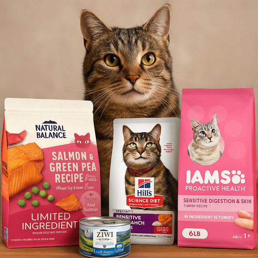 Brown tabby cat behind various cat food products on a wooden surface.