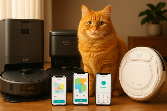 A charming orange tabby cat poses beside three robot vacuums and their apps, all beautifully arranged in a cozy, sunlit living room for a blog feature on pet hair cleaning.