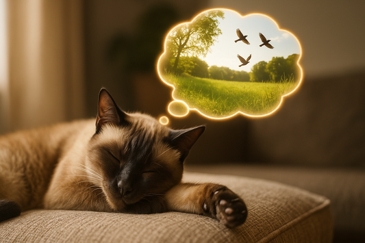 A Siamese cat sleeps on a cushion in golden light, with a glowing dream bubble above showing birds flying over a sunlit green meadow.