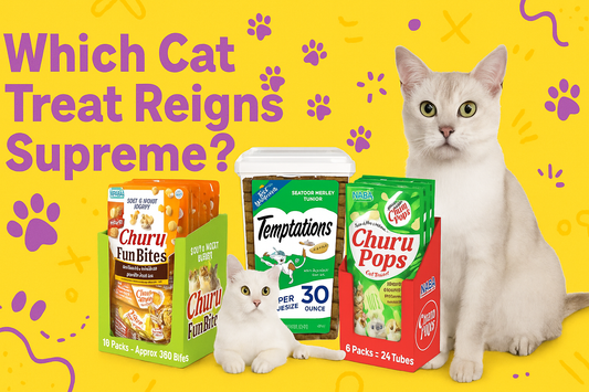 Three cat treats with a Burmilla cat on a fun yellow background titled “Which Cat Treat Reigns Supreme?