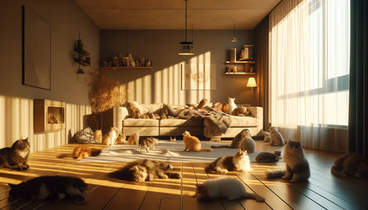 A cozy living room with a person relaxing on a couch, surrounded by several cats lounging and playing in warm afternoon sunlight.