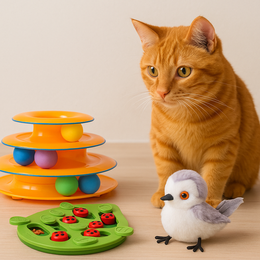 Orange tabby cat with interactive toys, including a green slow feeder plate, a white bird toy, and an orange multi-level ball track toy.