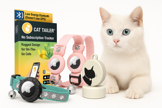 White cat with assorted catnip toys and cat treat products.