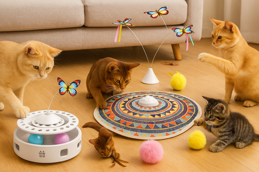 Three cats—a British Shorthair, Abyssinian, and tabby kitten—play with a variety of interactive toys including a butterfly wand, plush balls, and a patterned motion mat on a cozy living room floor.