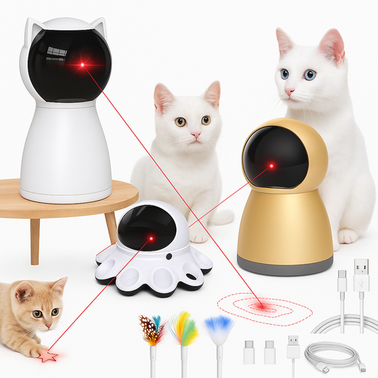 Cats playing with various interactive robot laser toys and cat gadgets.