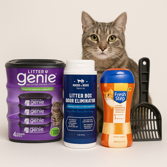 Tabby cat sitting behind various cat care products and litter scoop