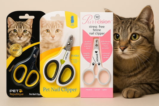 Brown tabby cat sitting next to three packages of pet nail clippers and grooming scissors, displayed against a light background