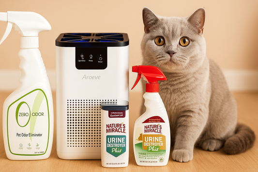 Zero Odor spray, Aroeve air purifier, and Nature’s Miracle sprays are displayed on the floor with a gray British Shorthair cat sitting beside them