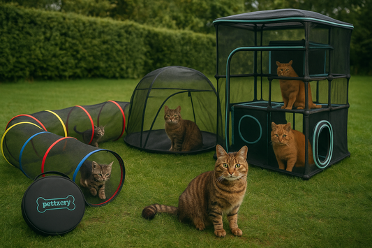 A realistic outdoor scene with five tabby cats interacting in and around three mesh cat tents—one tunnel, one dome, and a tall multi-level structure—set against green grass and dense hedges.