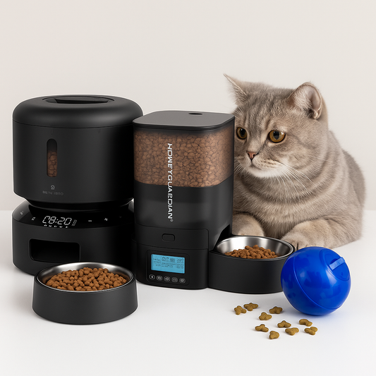 Gray tabby cat sitting beside multiple black automatic pet feeders, dry cat food scattered around, and a blue ball toy