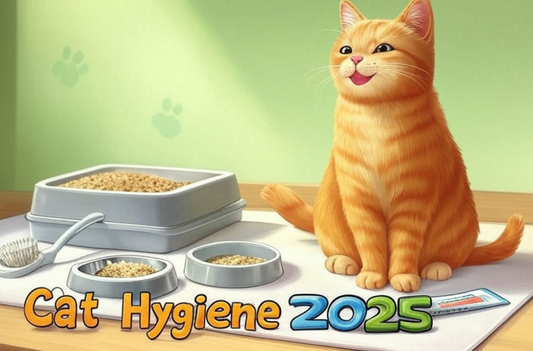 Orange cat sitting next to automatic pet feeder and small bowls of dry food